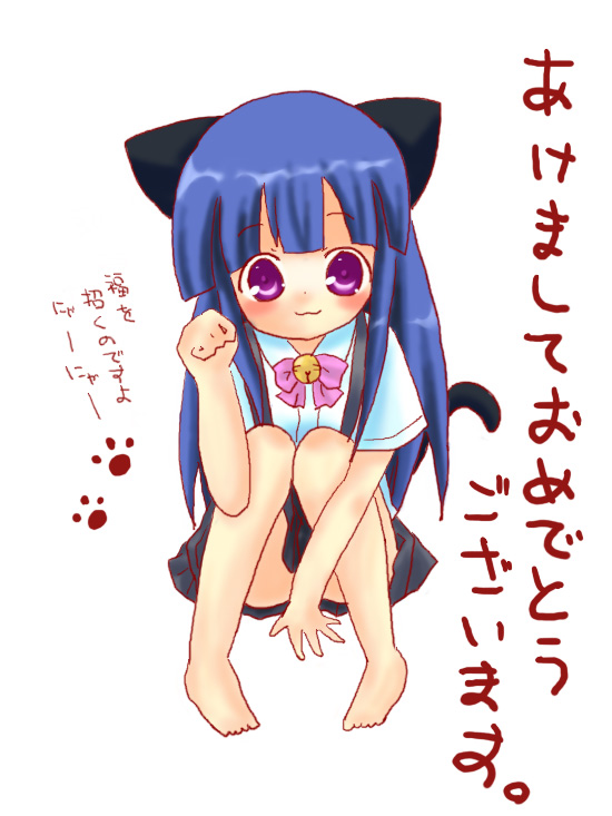 sakuramori sumomo, furude rika, higurashi no naku koro ni, translation request, 00s, 1girl, :3, akeome, animal ears, blue hair, bow, cat ears, cat tail, female focus, happy new year, long hair, new year, pink bow, purple eyes, school uniform, solo, tail