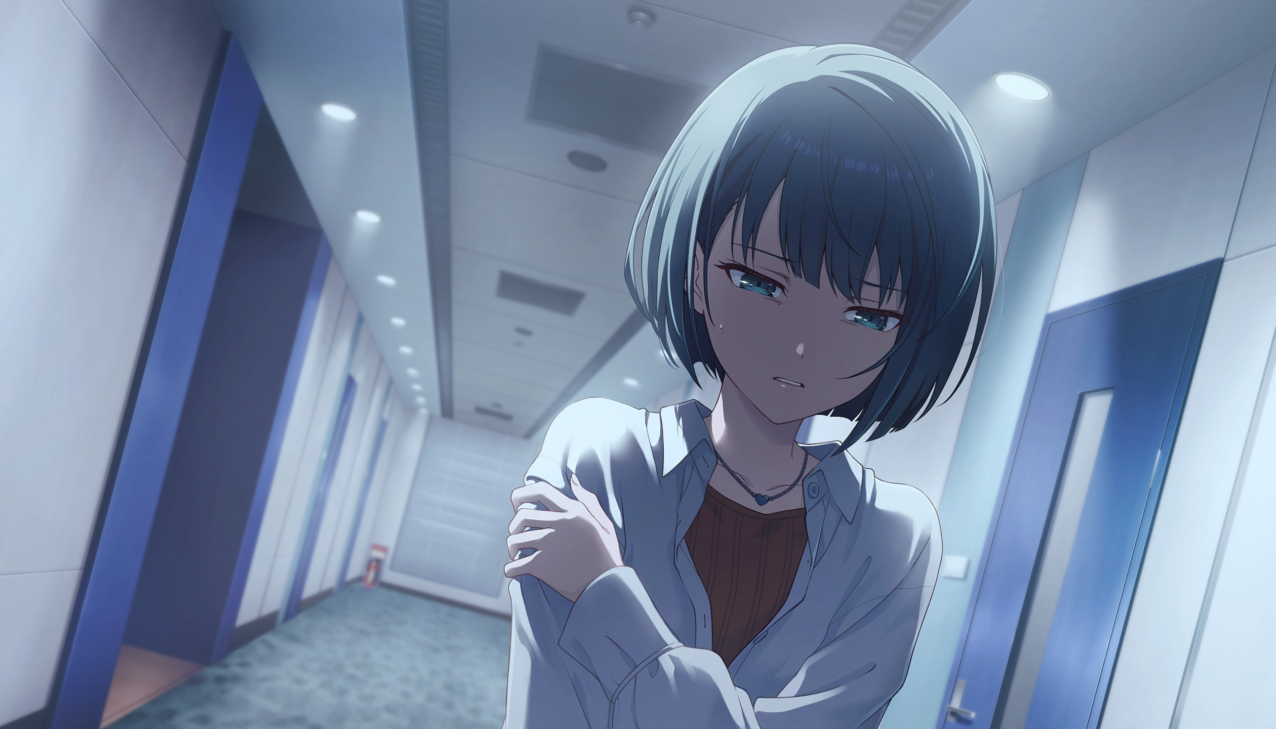 colorful palette, kiritani haruka, project sekai, game cg, highres, official art, third-party source, 1girl, backlighting, blue eyes, blue hair, brown shirt, collared jacket, door, dutch angle, indoors, jacket, jewelry, long sleeves, looking at viewer, necklace, rise and strive (project sekai), shirt, sleeves past wrists, solo, white jacket