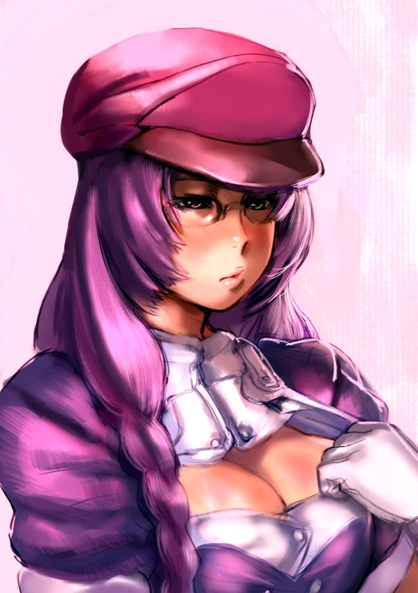 bow (bhp), original, 1girl, braid, breasts, cleavage, female focus, glasses, hat, large breasts, purple hair, solo