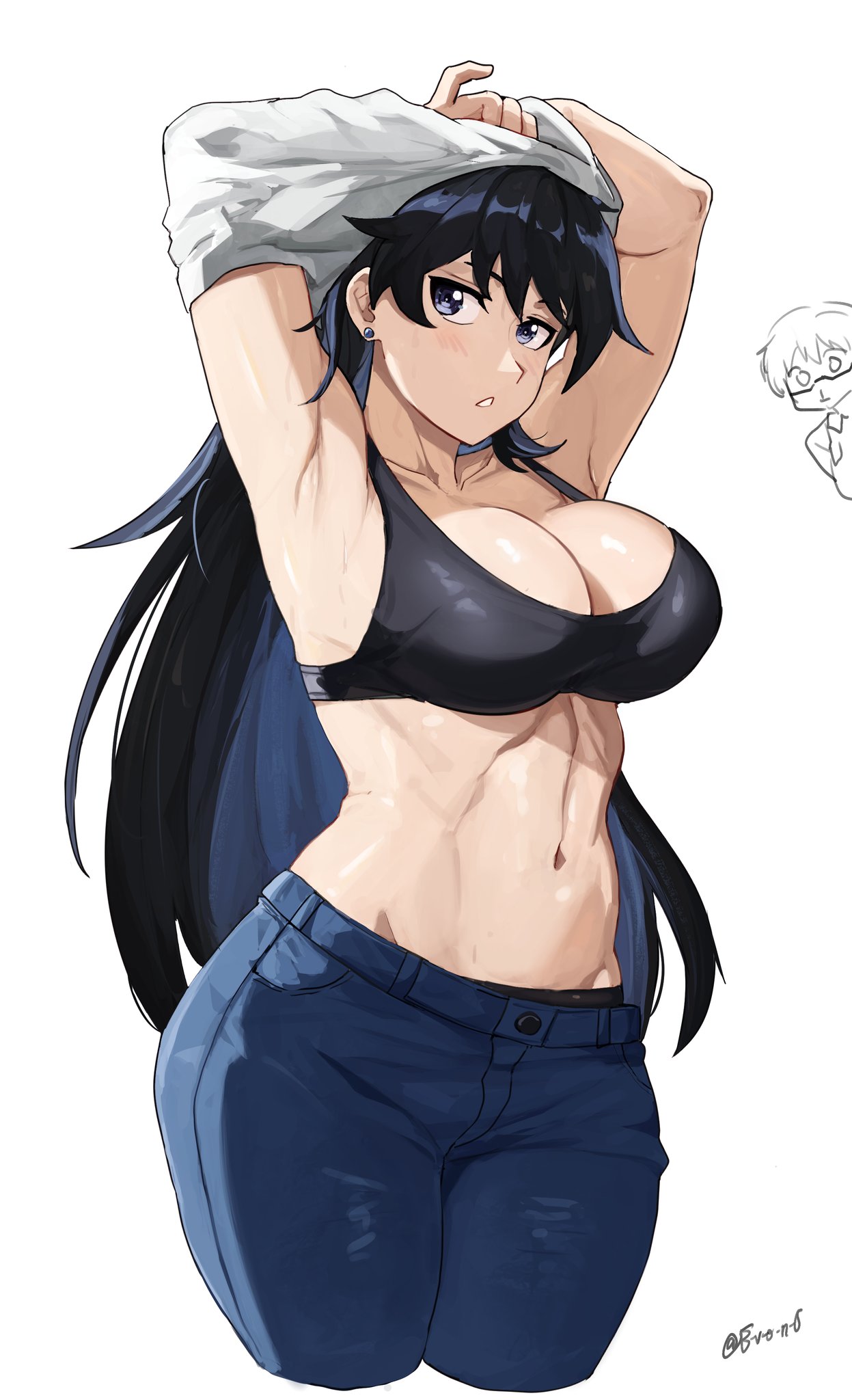 akihitoevon, arato nagi, imari youko, ruri no houseki, commentary, english commentary, highres, 1girl, 2girls, armpits, black hair, blue eyes, breasts, cleavage, cropped legs, denim, earrings, jeans, jewelry, large breasts, long hair, looking at viewer, multiple girls, navel, pants, shirt, simple background, solo focus, stomach, stud earrings, toned, toned female, undressing, white background, white shirt