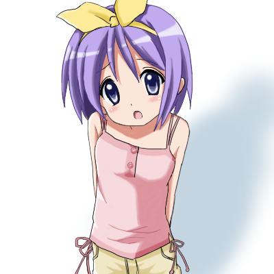 mai (t-5), mai t-5, hiiragi tsukasa, kyoto animation, lucky star, lowres, 1girl, blue eyes, casual, female focus, hair ribbon, look-alike, purple hair, ribbon, short hair, solo