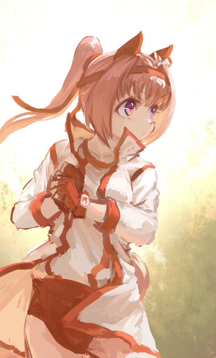 inishie kumo, haru urara (bestest prize) (umamusume), haru urara (umamusume), umamusume, highres, 1girl, animal ears, buruma, ear covers, fingerless gloves, gloves, horse ears, horse girl, horse tail, jacket, open clothes, open jacket, pink eyes, pink hair, red buruma, red gloves, shirt, tail, white jacket, white shirt
