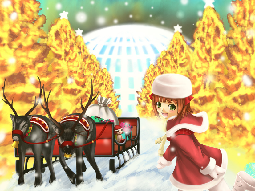 chiko (kanhogo), amami haruka, nonowa, idolmaster, idolmaster (classic), 00s, 1girl, christmas, female focus, reindeer, santa costume, sleigh, solo
