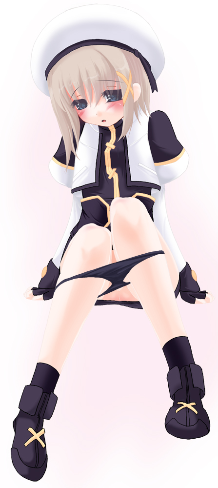 frapowa, yagami hayate, lyrical nanoha, mahou shoujo lyrical nanoha, mahou shoujo lyrical nanoha a's, 00s, 1girl, female focus, hair ornament, panties, panty pull, solo, underwear, unison (nanoha), x hair ornament