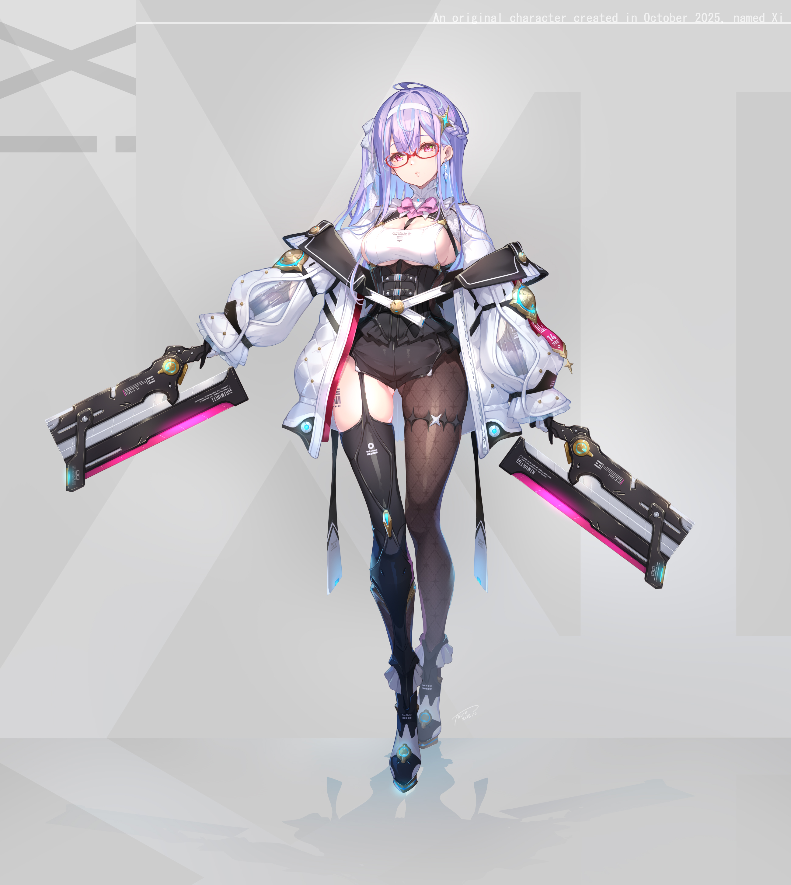 tel-o, original, absurdres, highres, 1girl, asymmetrical legwear, barcode, barcode tattoo, black pantyhose, black thighhighs, blue hair, breasts, character name, colored inner hair, dual wielding, english text, glasses, grey background, holding, leg tattoo, long hair, long sleeves, looking at viewer, medium breasts, multicolored hair, pantyhose, puffy long sleeves, puffy sleeves, purple hair, red-framed eyewear, red eyes, sideboob, single leg pantyhose, single thighhigh, solo, streaked hair, tattoo, thighhighs