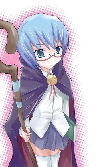 akudama geku, tabitha (zero no tsukaima), zero no tsukaima, 00s, 1girl, book, cape, cloak, female focus, glasses, pentacle, skirt, solo, staff, thighhighs, zettai ryouiki