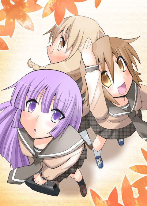 toku sonchou, hayama teru, nishikawa youko, odagiri futaba, sansha san'you, 3girls, :o, blonde hair, blush, brown eyes, brown hair, from above, looking at viewer, looking up, multiple girls, parted lips, purple eyes, purple hair, sailor collar, school uniform, serafuku, tareme