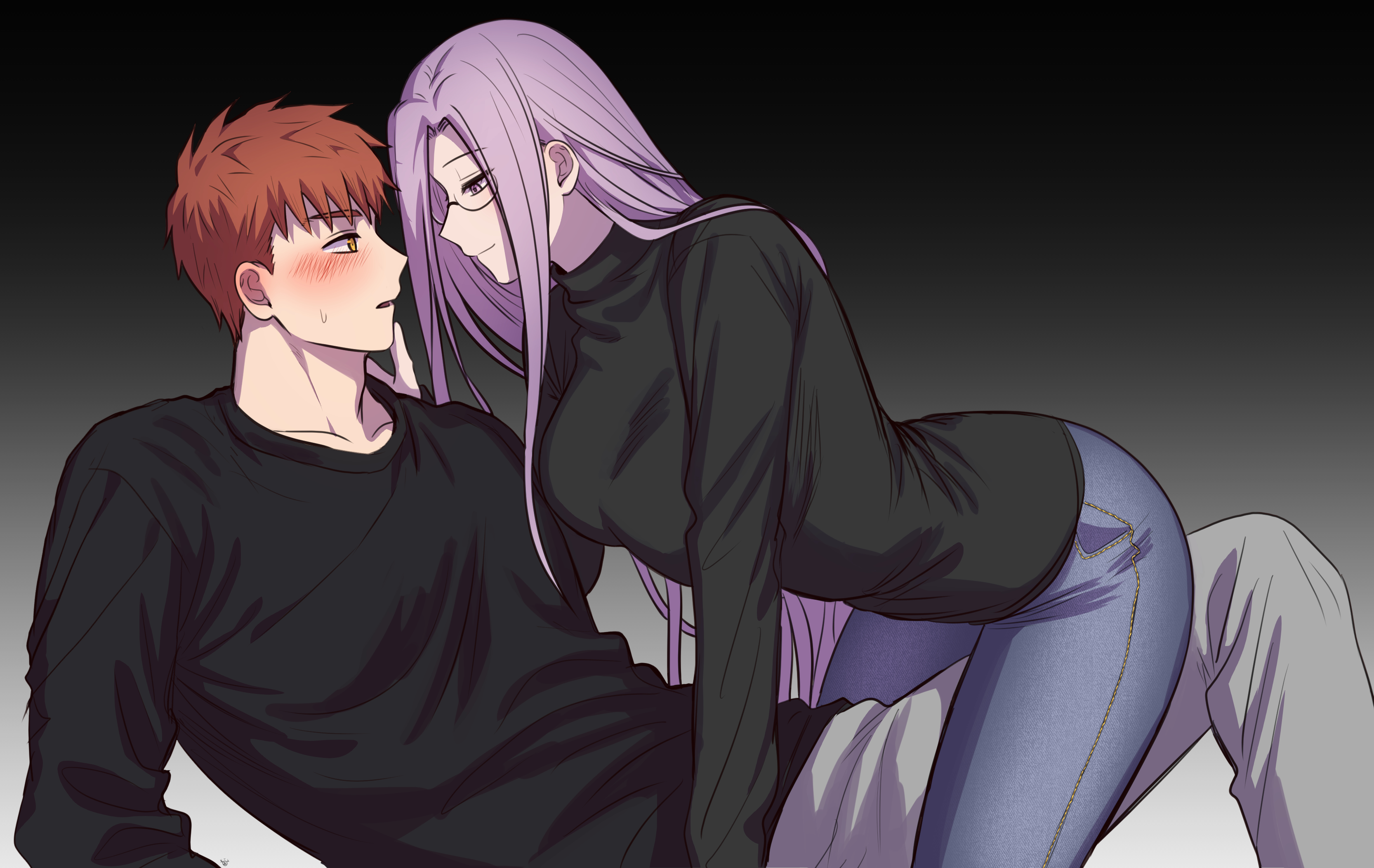 moina, emiya shirou, medusa (fate), medusa (rider) (fate), fate/hollow ataraxia, fate/stay night, fate (series), absurdres, commentary, highres, 1boy, 1girl, all fours, black shirt, blush, breasts, collarbone, denim, eye contact, glasses, gradient background, hetero, jeans, large breasts, long hair, long sleeves, looking at another, orange hair, pants, pink hair, round eyewear, shirt, simple background, sitting, straight hair, very long hair