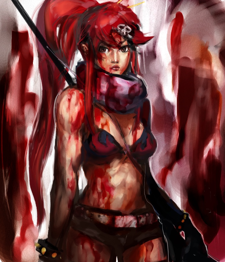 tarako (bradypus), tekkotsu (tekkotz), yoko littner, tengen toppa gurren lagann, bad id, bad pixiv id, 00s, 1girl, anti-materiel rifle, belt, bikini, bikini top only, blood, female focus, gloves, gun, hair ornament, midriff, ponytail, red hair, rifle, scarf, shorts, sniper rifle, solo, swimsuit, weapon