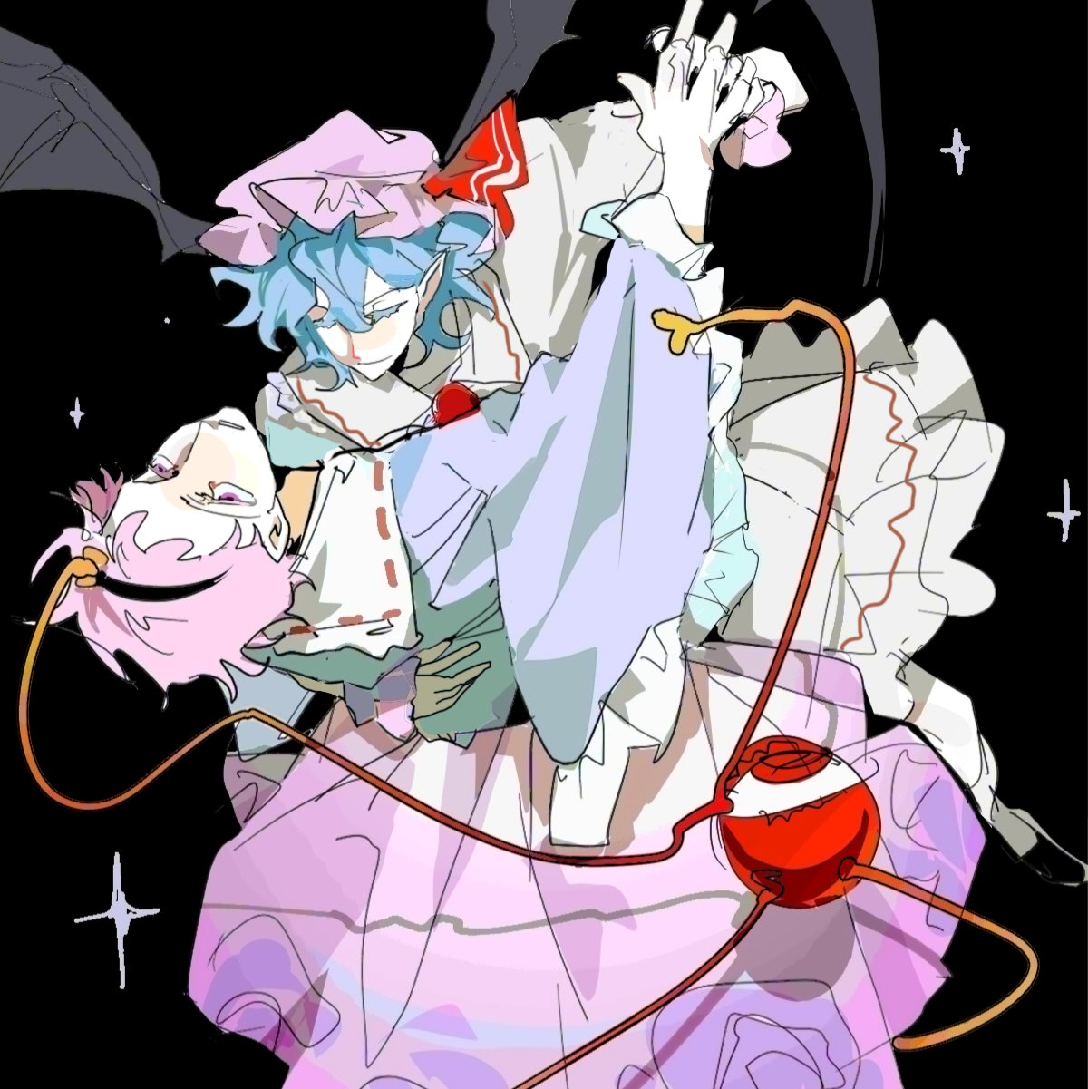 poxiao354, komeiji satori, remilia scarlet, touhou, hashtag-only commentary, highres, 2girls, bat wings, black hair, black hairband, blue hair, dancing, dress, hairband, hat, holding hands, looking at another, looking at viewer, mob cap, multiple girls, pink eyes, pink hair, pink hat, pink skirt, pointy ears, shirt, short hair, simple background, skirt, third eye, white dress, white shirt, wings