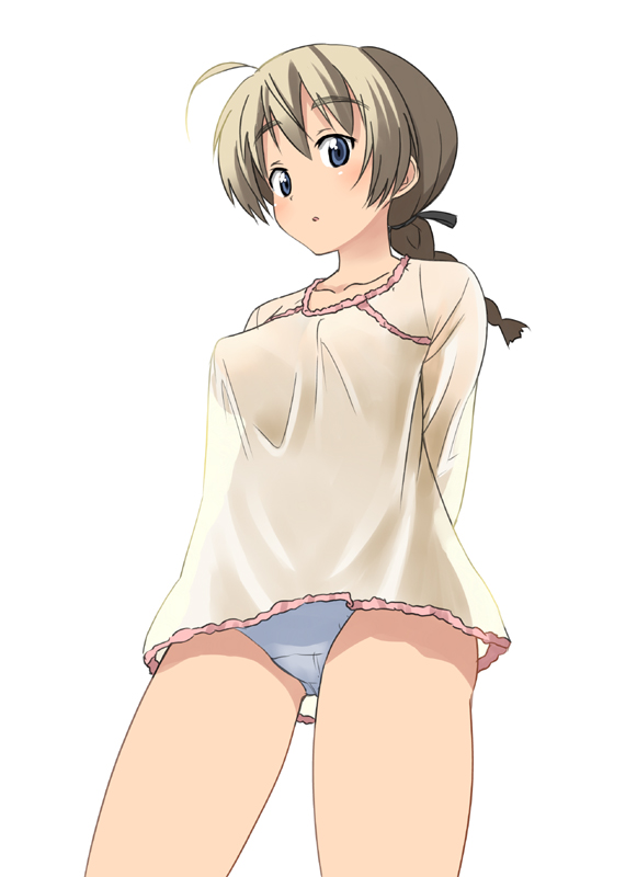 kakifly, lynette bishop, strike witches, world witches series, bad id, bad pixiv id, 00s, 1girl, blue eyes, braid, brown hair, female focus, long hair, no pants, panties, see-through clothes, single braid, solo, underwear