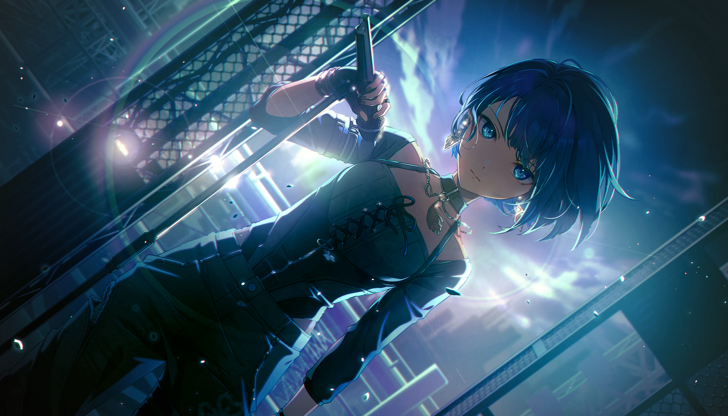 colorful palette, kiritani haruka, project sekai, game cg, highres, official art, third-party source, 1girl, black choker, black gloves, black nails, blue eyes, blue hair, choker, clothing cutout, dutch angle, earrings, fingerless gloves, fingernails, gloves, hip vent, holding, holding microphone, jewelry, microphone, nail polish, official alternate costume, pants, rise and strive (project sekai), solo, tassel