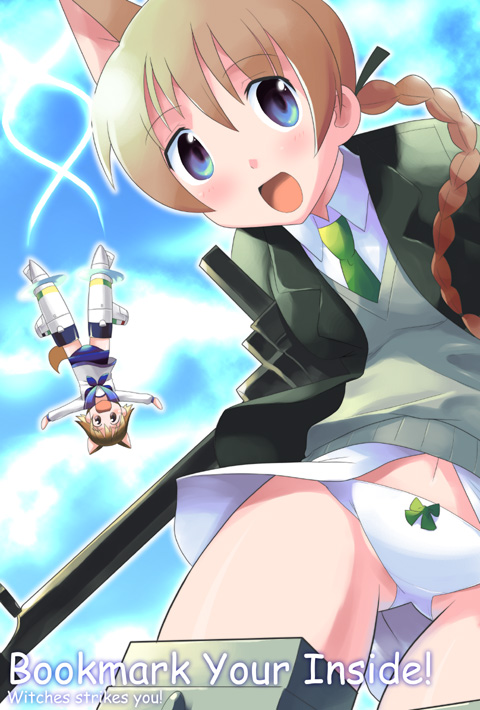 toku sonchou, lynette bishop, miyafuji yoshika, strike witches, world witches series, 00s, 2girls, blue eyes, bow, bow panties, braid, day, english text, engrish text, multiple girls, necktie, open mouth, panties, ranguage, single braid, underwear, upside-down
