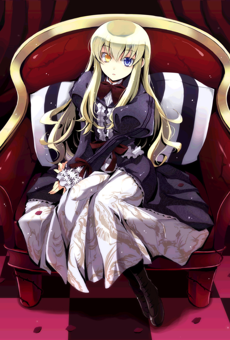 tooya, touya (the-moon), mary clarissa christie, shikkoku no sharnoth, steampunk (liarsoft), 1girl, blonde hair, blue eyes, boots, bow, chair, dress, female focus, full body, heterochromia, indoors, long hair, petals, pillow, sitting, solo, very long hair, waist bow, yellow eyes