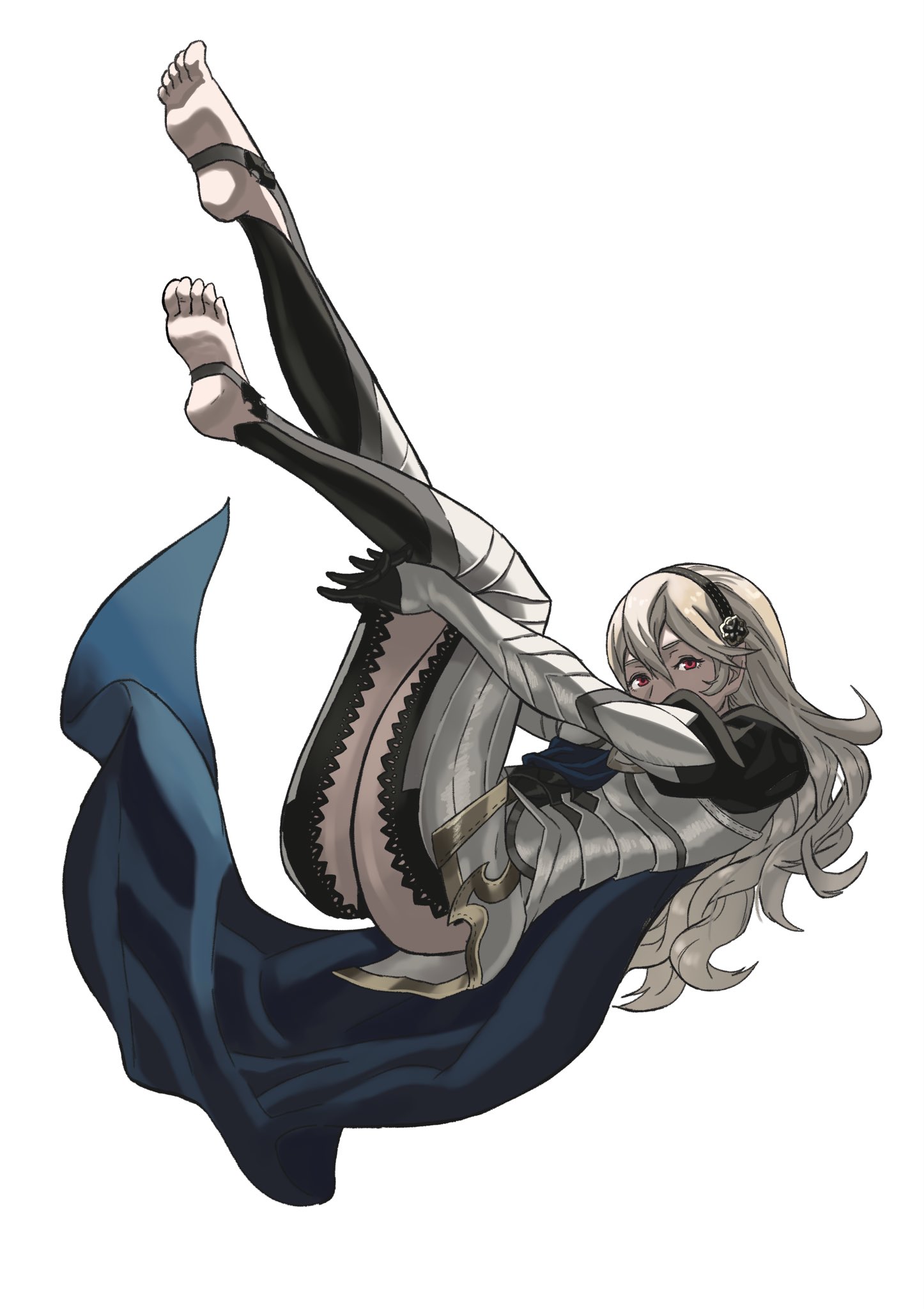 peacefulandflat, female corrin (fire emblem), fire emblem, fire emblem fates, nintendo, highres, 1girl, armor, armored leotard, black gloves, black hairband, blue cape, breasts, cape, feet up, full body, gloves, grey hair, hair between eyes, hairband, leotard, long hair, looking at viewer, pointy ears, red eyes, simple background, solo, thighs, white background