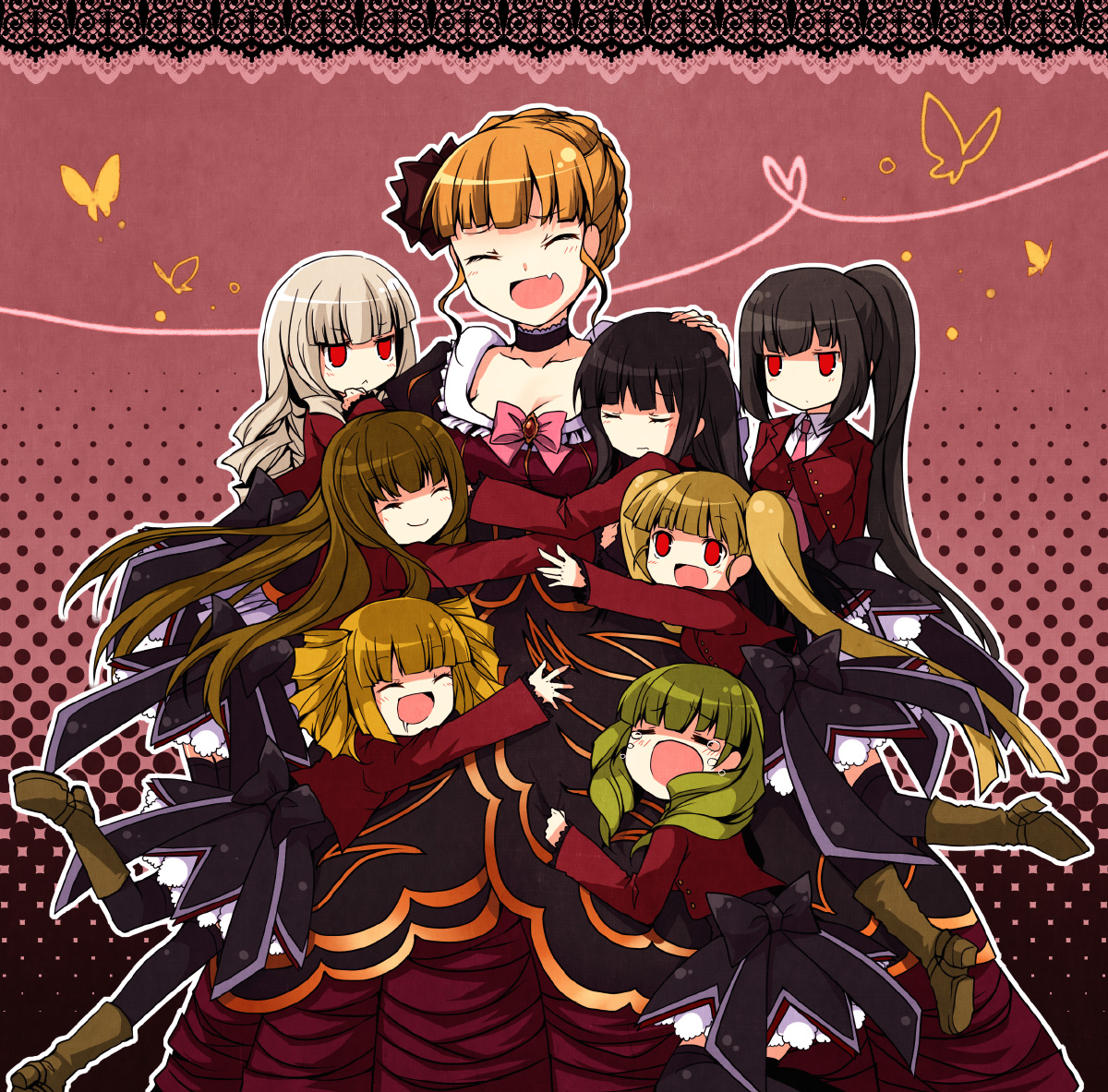 suzushiro kurumi, asmodeus (umineko), beatrice (umineko), beelzebub (umineko), belphegor (umineko), leviathan (umineko), lucifer (umineko), mammon (umineko), satan (umineko), stakes of purgatory, umineko no naku koro ni, 00s, 6+girls, :<, bug, butterfly, fang, female focus, hug, insect, multiple girls, necktie, pink necktie, thighhighs