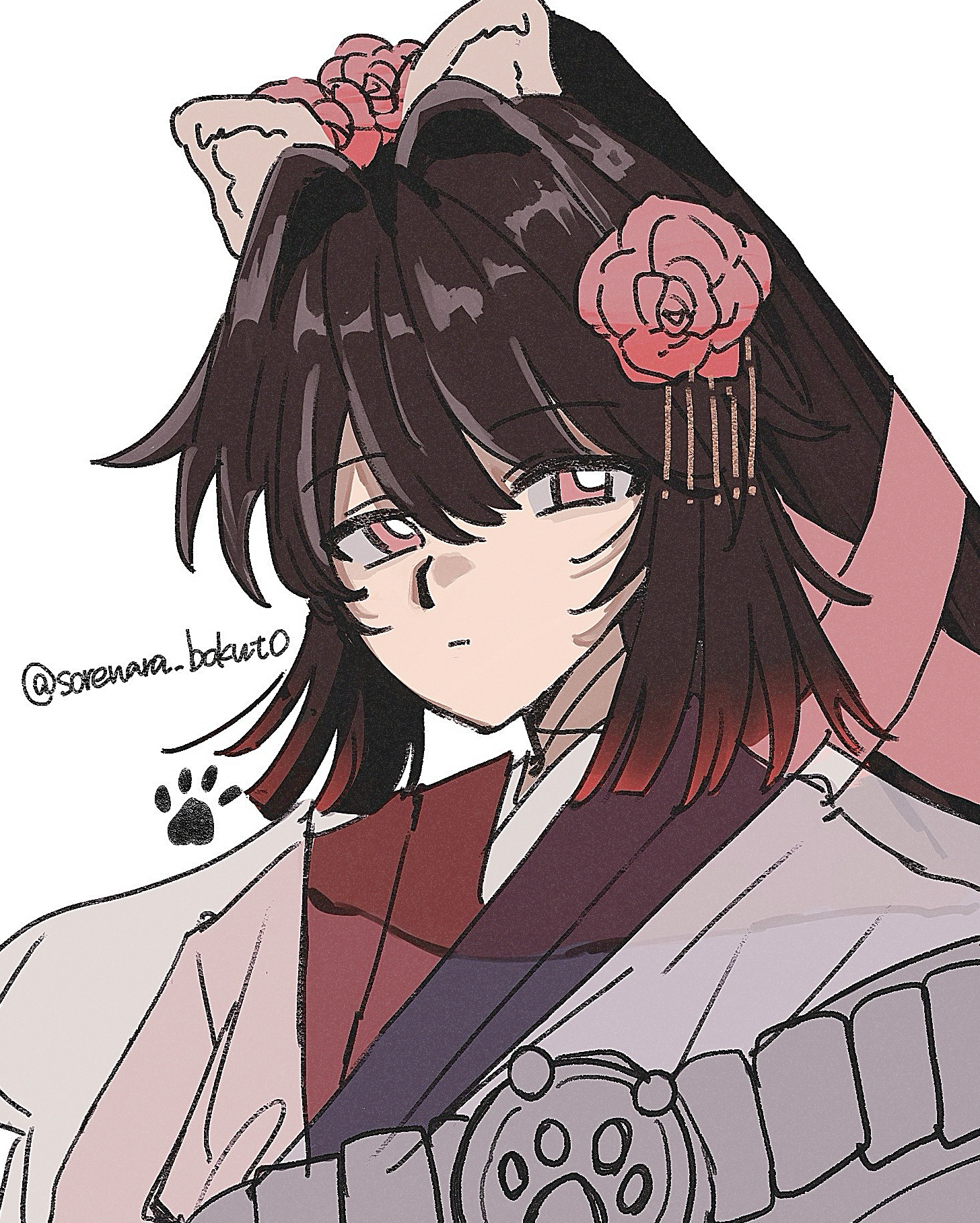 kyokutei bakin (fate), kyokutei bakin (second ascension) (fate), fate/grand order, fate (series), highres, 1girl, ageta morokoshi, animal ear fluff, animal ears, artist name, brown hair, closed mouth, dog ears, expressionless, flower, gradient hair, hair between eyes, hair flower, hair intakes, hair ornament, hair ribbon, japanese clothes, kimono, long hair, looking at viewer, multicolored hair, paw print, pink eyes, ponytail, red hair, ribbon, simple background, solo, twitter username, two-tone hair, upper body, white background