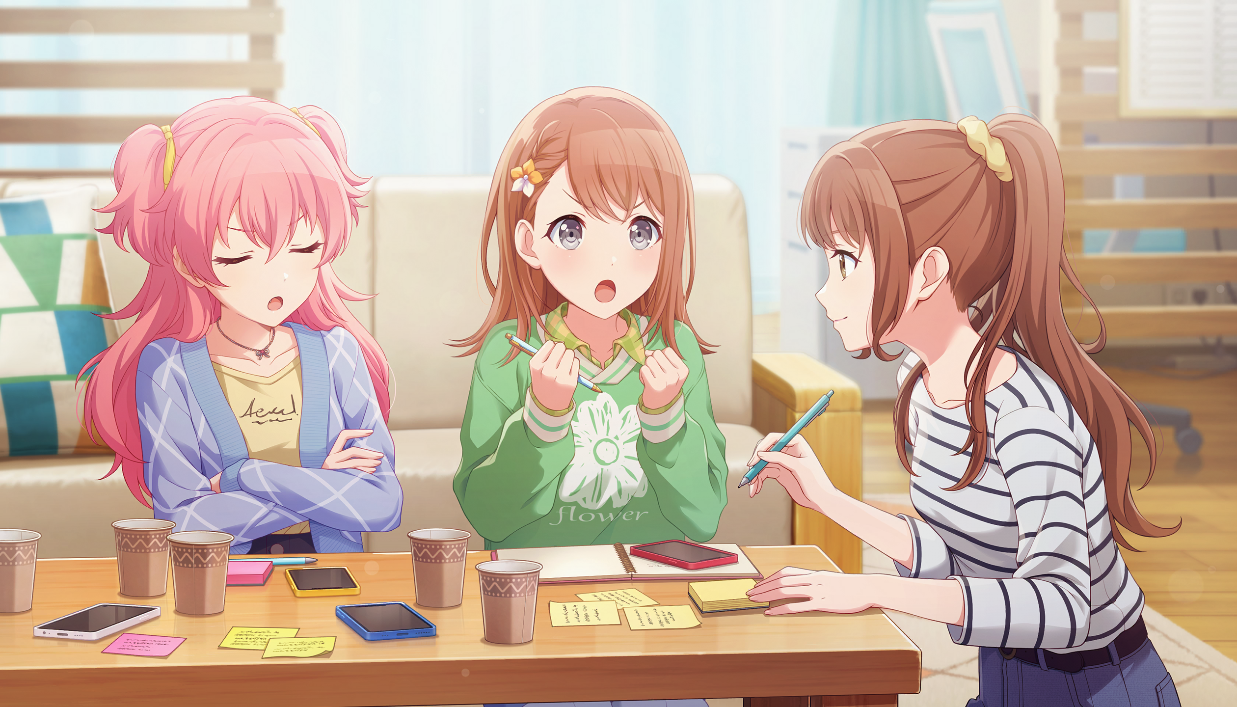 colorful palette, hanasato minori, momoi airi, project sekai, game cg, highres, official art, third-party source, 3girls, blue cardigan, braid, brown eyes, brown hair, cardigan, cellphone, closed eyes, collarbone, collared sweater, couch, crossed arms, cup, cushion, disposable cup, green sweater, grey eyes, grey shirt, hair between eyes, hair ornament, hair scrunchie, holding, holding pen, jewelry, long hair, looking at another, multiple girls, necklace, pen, phone, pink hair, ponytail, profile, rise and strive (project sekai), scrunchie, shirt, smartphone, sticky note, striped clothes, striped shirt, sweater, table, two side up, u u, yellow scrunchie, yellow shirt