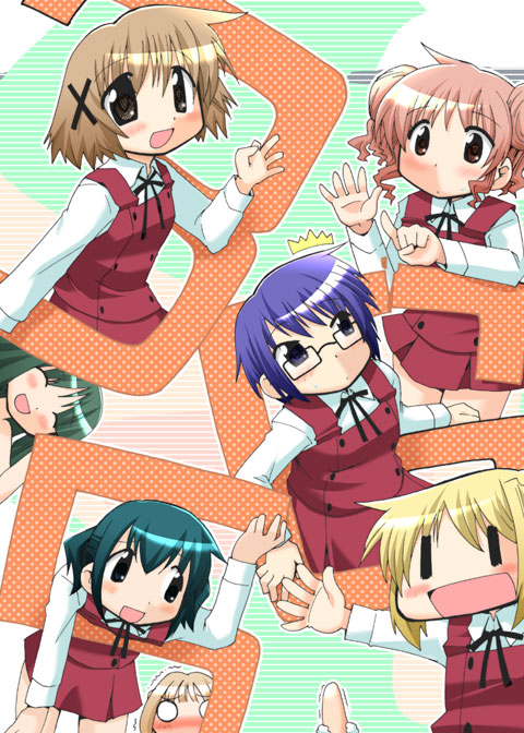 toku sonchou, hiro (hidamari sketch), miyako (hidamari sketch), nazuna (hidamari sketch), nori (hidamari sketch), principal (hidamari sketch), sae (hidamari sketch), yoshinoya (hidamari sketch), yuno (hidamari sketch), hidamari sketch, 00s, 1boy, 6+girls, :d, ^^^, ^ ^, bald, blonde hair, blue eyes, blue hair, blush, brown eyes, brown hair, closed eyes, closed mouth, double bun, glasses, green eyes, green hair, hair bun, hair ornament, hairclip, long hair, looking at viewer, multiple girls, open mouth, pink hair, red eyes, school uniform, short hair, skirt, smile, wide face, yamabuki high school uniform, yellow eyes, | |, || ||