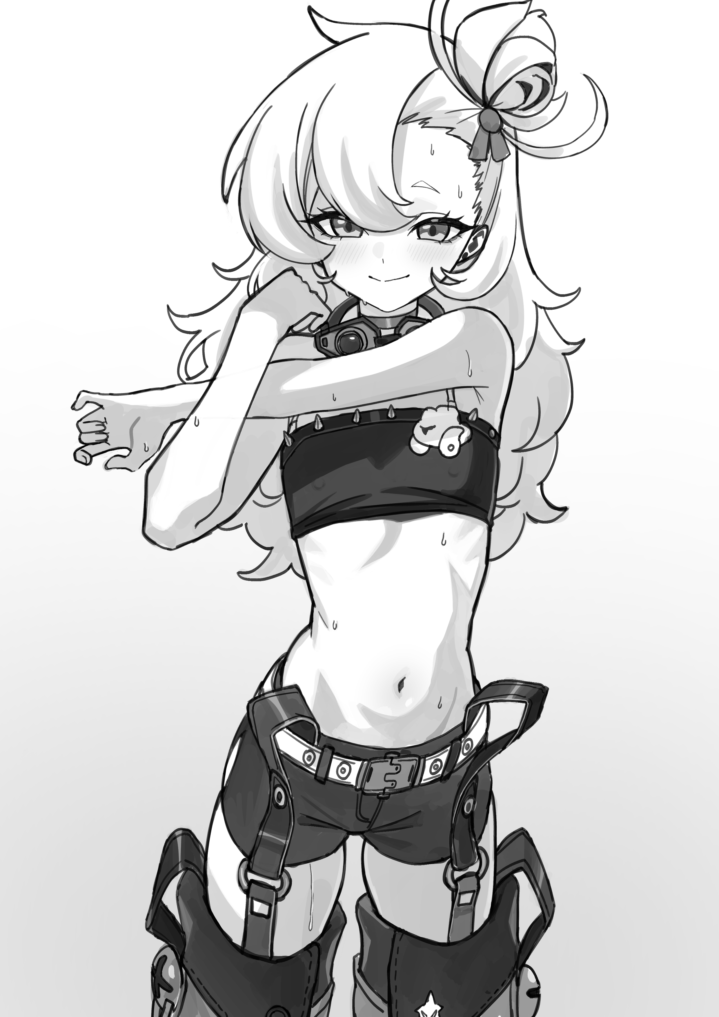 senapops, piper wheel, zenless zone zero, absurdres, highres, 1girl, goggles, goggles around neck, gradient background, grey background, long hair, looking at viewer, midriff, monochrome, navel, shorts, smile, solo, standing, stomach