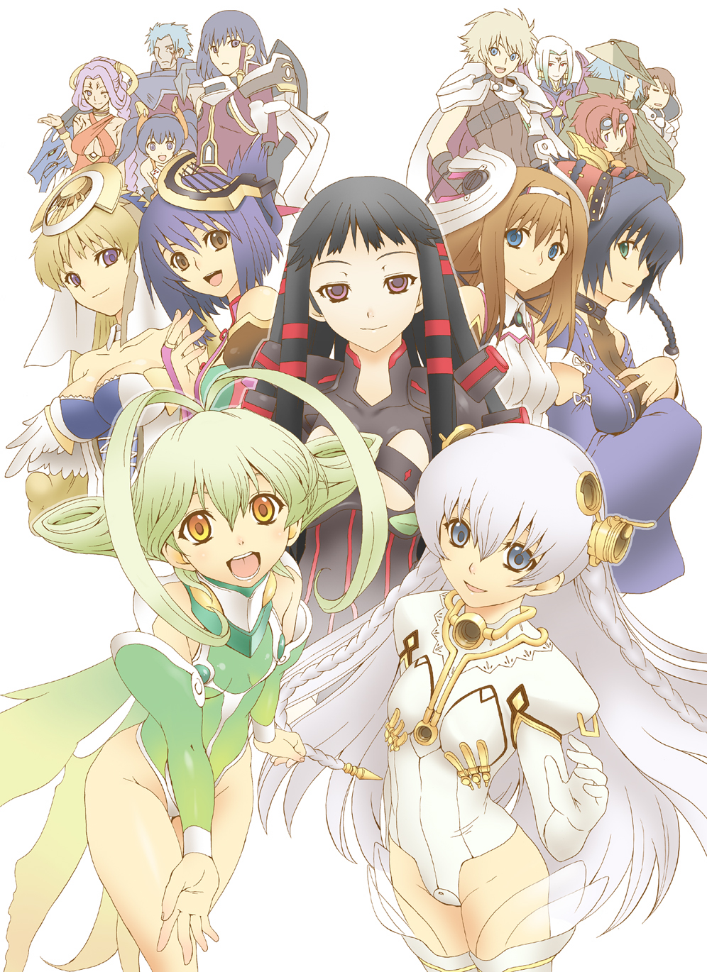 sabadri, uguisu kagura, amarie jerhad, aurica nestmile, chroah vatel, chroche latel pastalie, cocona vatel, frelia (ar tonelico), frelia ansul solmarta, jack hamilton, jakuri (ar tonelico), krusche elendia, legris branchesca, luca truelywaath, lyner barsett, michitaka ayatane, misha arsellec lune, radolf schnaizen, shun (ar tonelico), shurelia (ar tonelico), ar tonelico, ar tonelico i, ar tonelico ii, gust, highres, 00s, 5boys, 6+girls, ahoge, armor, black hair, blonde hair, blue eyes, blue hair, bodysuit, boots, braid, breasts, brown eyes, brown hair, cape, cleavage, detached sleeves, everyone, facial mark, fairy wings, flat chest, goggles, green eyes, green hair, hair ornament, hat, large breasts, leotard, long hair, multiple boys, multiple girls, purple eyes, purple hair, red eyes, red hair, scar, short hair, simple background, skin tight, thigh boots, thighhighs, twin braids, twintails, white hair, white thighhighs, wings, yellow eyes