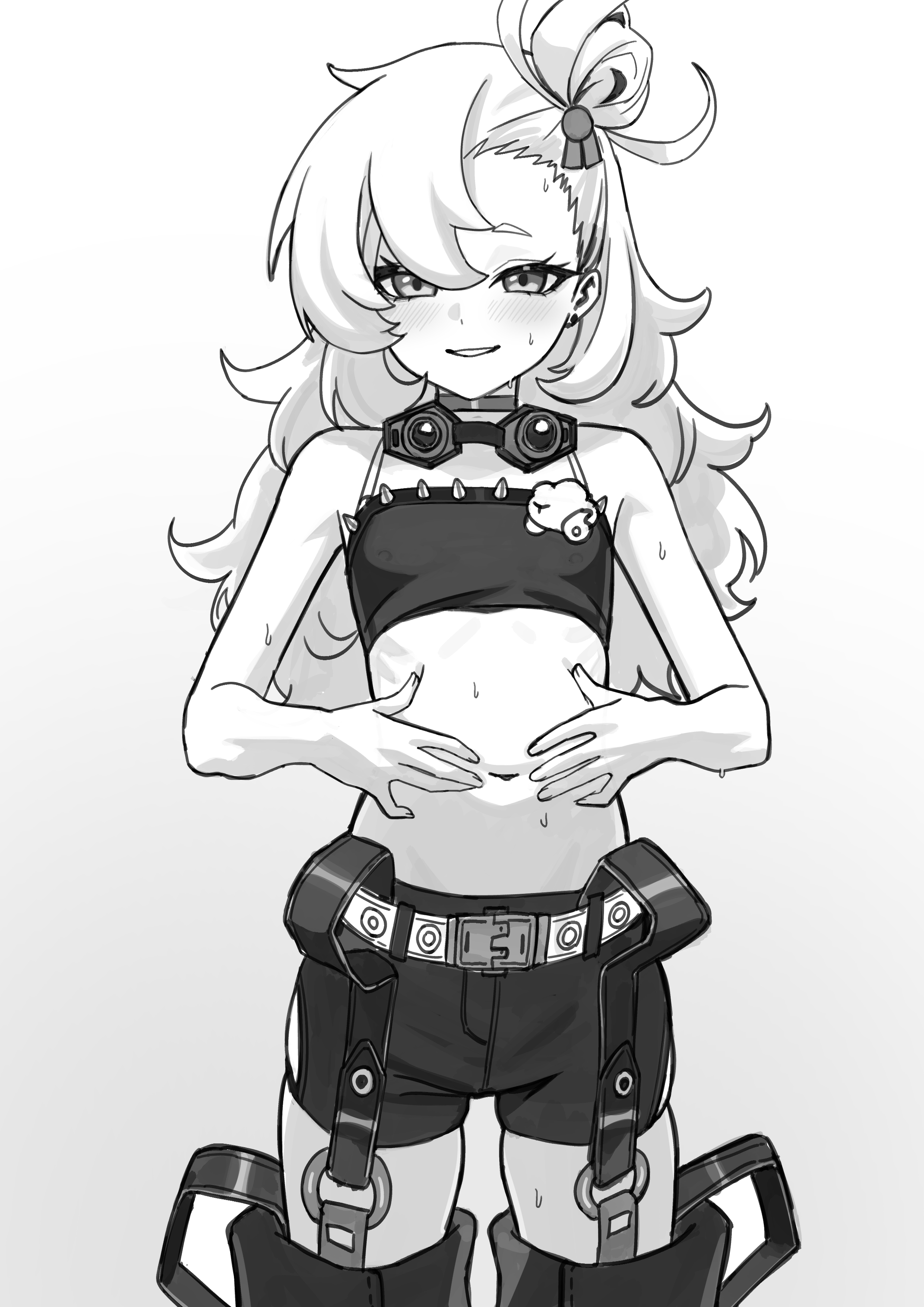 senapops, piper wheel, zenless zone zero, absurdres, highres, 1girl, blush, goggles, goggles around neck, gradient background, grey background, hands on own stomach, long hair, looking at viewer, midriff, monochrome, navel, shorts, smile, solo, standing