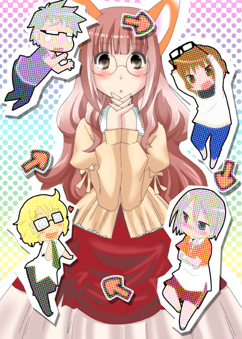 toku sonchou, kitsune-san ni bakasaretai, 1girl, 4boys, glasses, multiple boys, own hands clasped, own hands together, polka dot, polka dot background, rainbow background