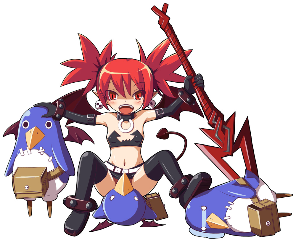 etna (disgaea), prinny, disgaea, nippon ichi, demon girl, elder spear, flat chest, polearm, solo, spear, thighhighs, weapon