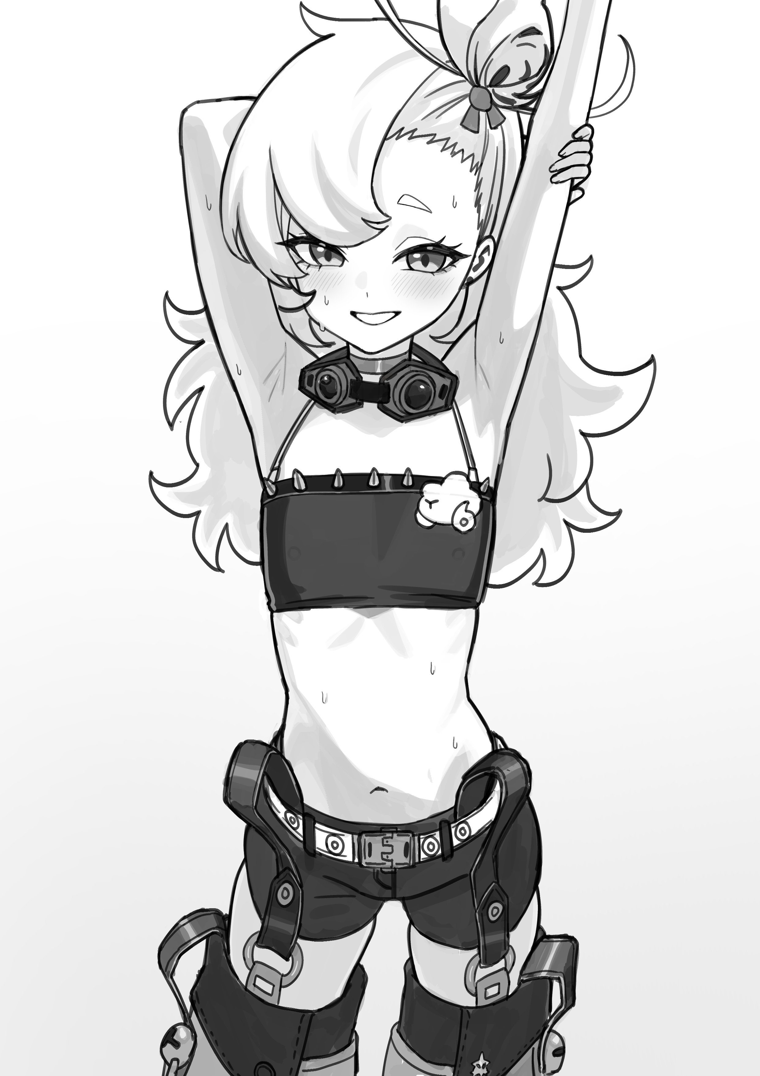 senapops, piper wheel, zenless zone zero, absurdres, highres, 1girl, arm up, armpits, blush, goggles, goggles around neck, gradient background, grey background, long hair, looking at viewer, midriff, monochrome, navel, shorts, smile, solo, standing, sweat, thighs
