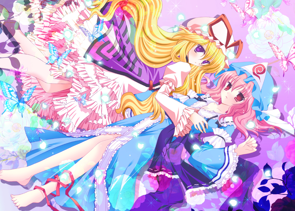 shirogane hina, saigyouji yuyuko, yakumo yukari, touhou, 2girls, barefoot, blonde hair, bug, butterfly, dress, female focus, flower, hat, long hair, multiple girls, pink eyes, pink hair, plant, purple eyes