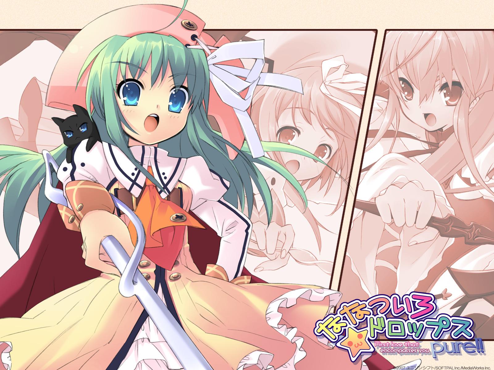 akihime sumomo, croix, prima aspallas, satsuki julirsia, nanatsuiro drops, highres, 00s, angry, aqua eyes, buttons, cape, cat, dress, green hair, hat, ribbon, staff