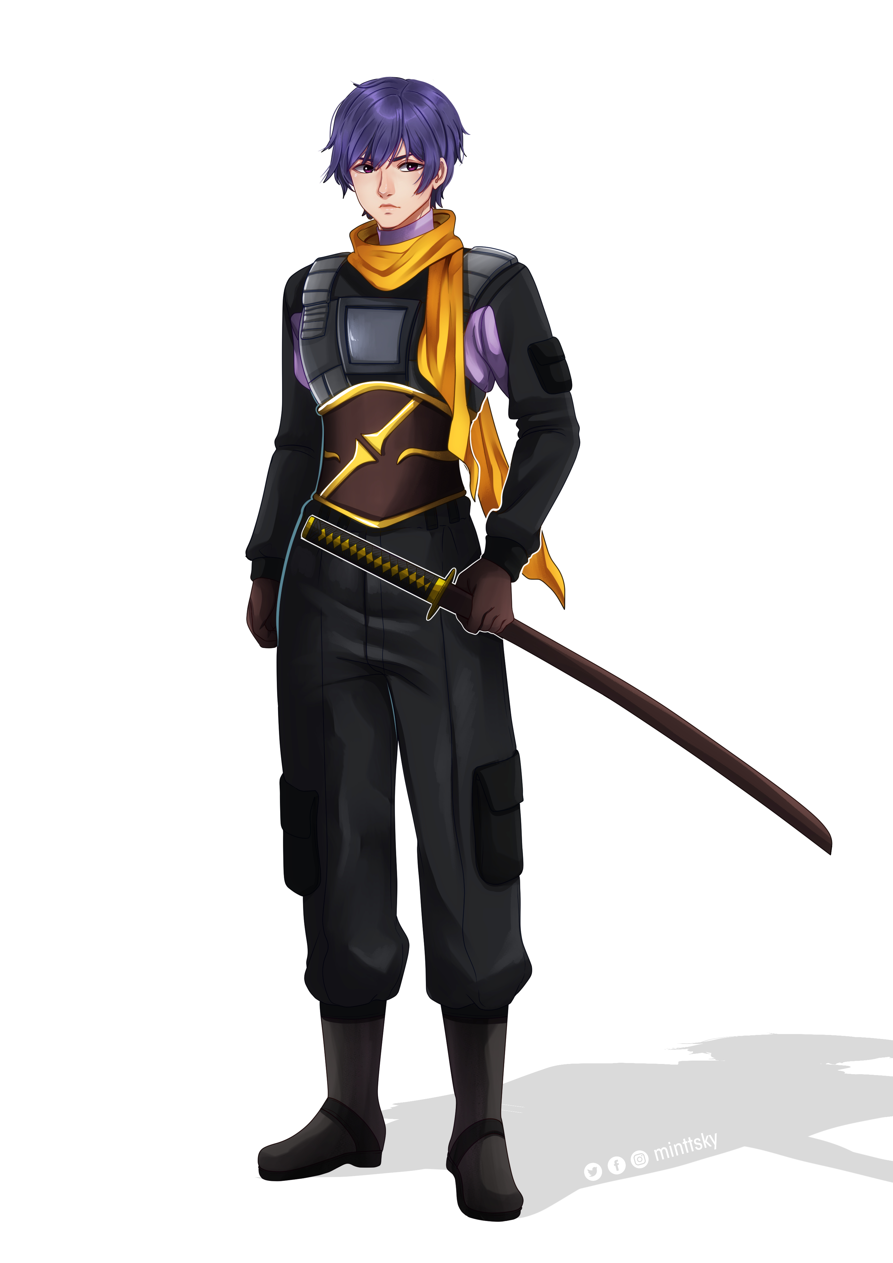 boatmormon, akiyama tatsurou, taimanin (series), taimanin yukikaze, absurdres, commission, highres, 1boy, aged up, blue hair, boots, brown boots, brown gloves, full body, gloves, holding, holding sword, holding weapon, katana, orange scarf, red eyes, scarf, sword, weapon