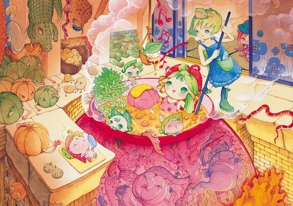 nippon ichi, phantom kingdom, 2girls, baby, bathhouse, blue eyes, carrot, crocodilian, fish, frog, green eyes, green hair, multiple girls, pumpkin, snake, squid, tentacles