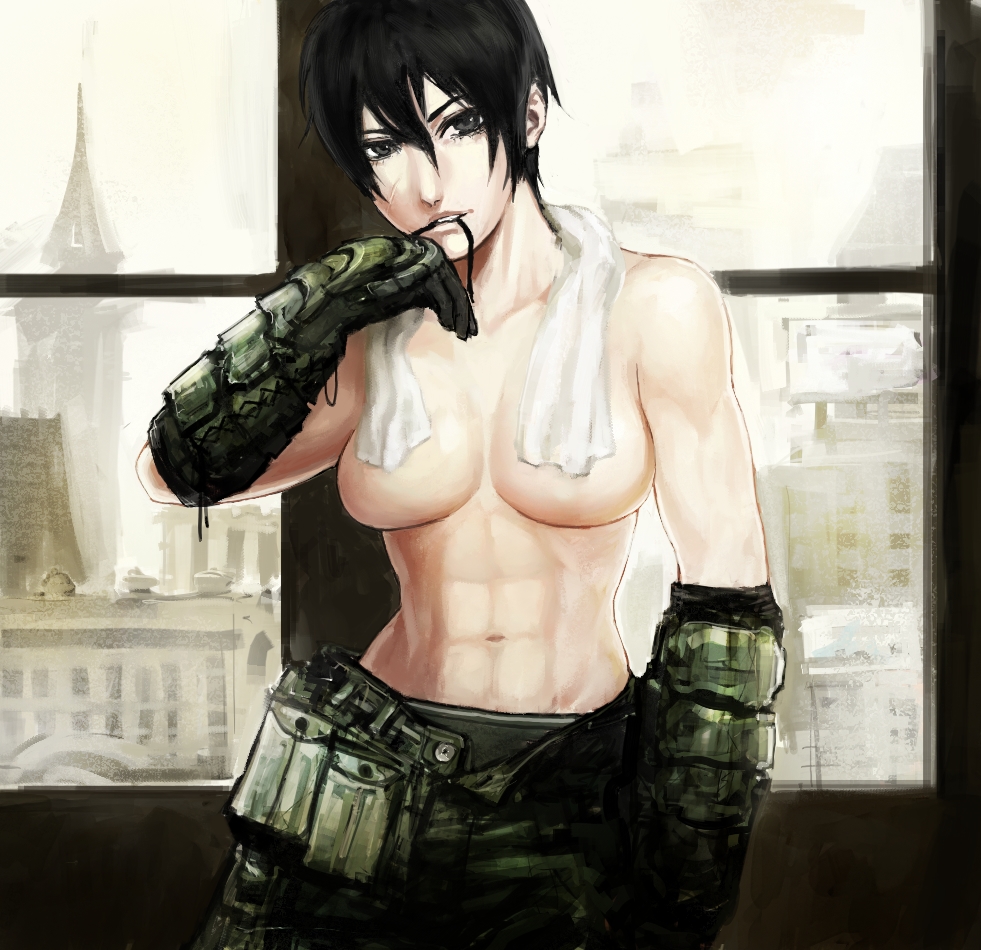 tarako (bradypus), tekkotsu (tekkotz), original, bad id, bad pixiv id, 1girl, abs, androgynous, belt, black eyes, black hair, breasts, censored, convenient censoring, female focus, gauntlets, gloves, medium breasts, muscular, navel, open fly, panties, scar, short hair, solo, standing, topless female, towel, towel over breasts, underboob, underwear, unzipped, window