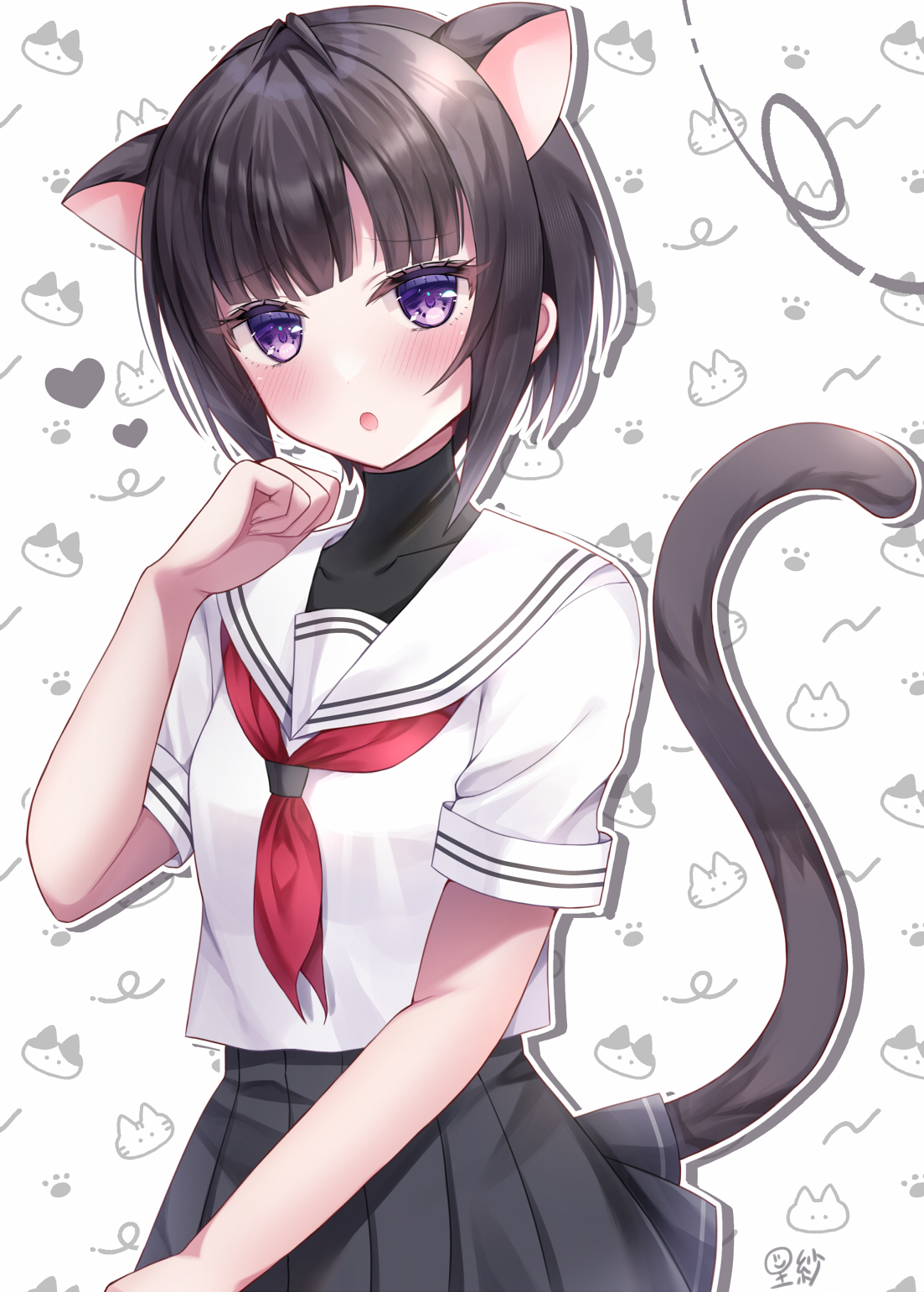 sakura umi, shirayuki chiyo, idolmaster, idolmaster cinderella girls, highres, 1girl, :o, animal ears, animal print, black hair, black skirt, blunt bangs, blush, cat ears, cat girl, cat print, cat tail, heart, kemonomimi mode, looking at viewer, neckerchief, paw print, purple eyes, red neckerchief, school uniform, serafuku, shirt, short hair, short sleeves, skirt, solo, summer uniform, tail, tail under clothes, undershirt, white shirt