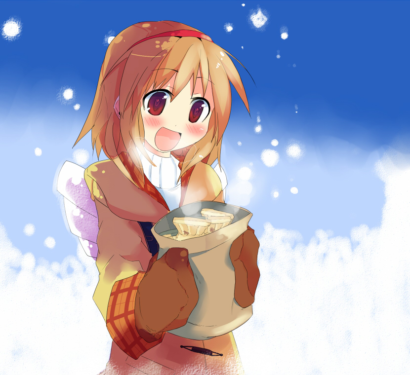 kanikama, tsukimiya ayu, kanon, blush, brown hair, food, hairband, happy, mittens, red eyes, smile, snow, solo, taiyaki, wagashi, wings