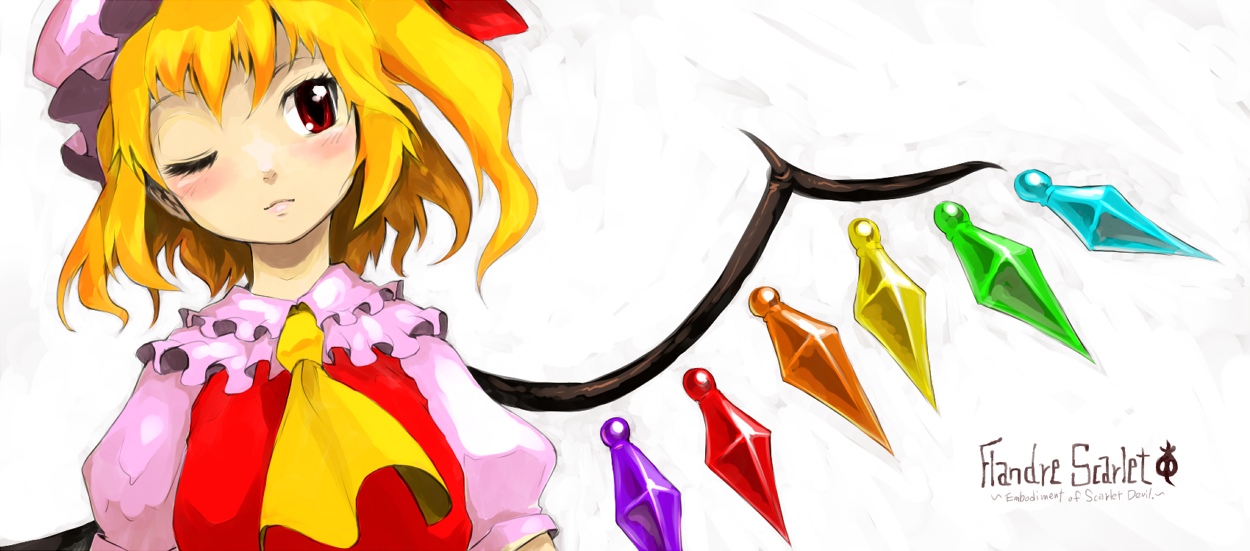 oso (toolate), flandre scarlet, embodiment of scarlet devil, touhou, 1girl, blonde hair, blush, character name, female focus, hat, lips, one eye closed, one side up, rainbow order, red eyes, side ponytail, solo, white background, wings, wink