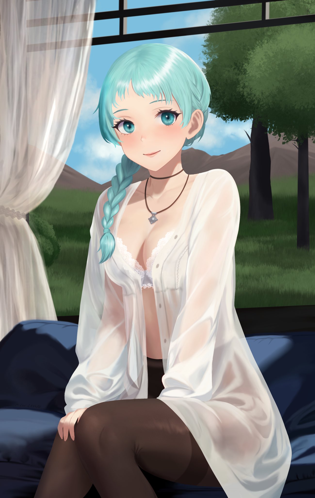 mikan zakuro, yamagishi fuuka, persona, persona 3, persona 4: the ultimate in mayonaka arena, persona 4: the ultimax ultra suplex hold, highres, blue eyes, blue hair, bra, braid, breasts, cleavage, jewelry, looking at viewer, necklace, oversized clothes, oversized shirt, see-through clothes, shirt, sitting, small breasts, underwear, white bra