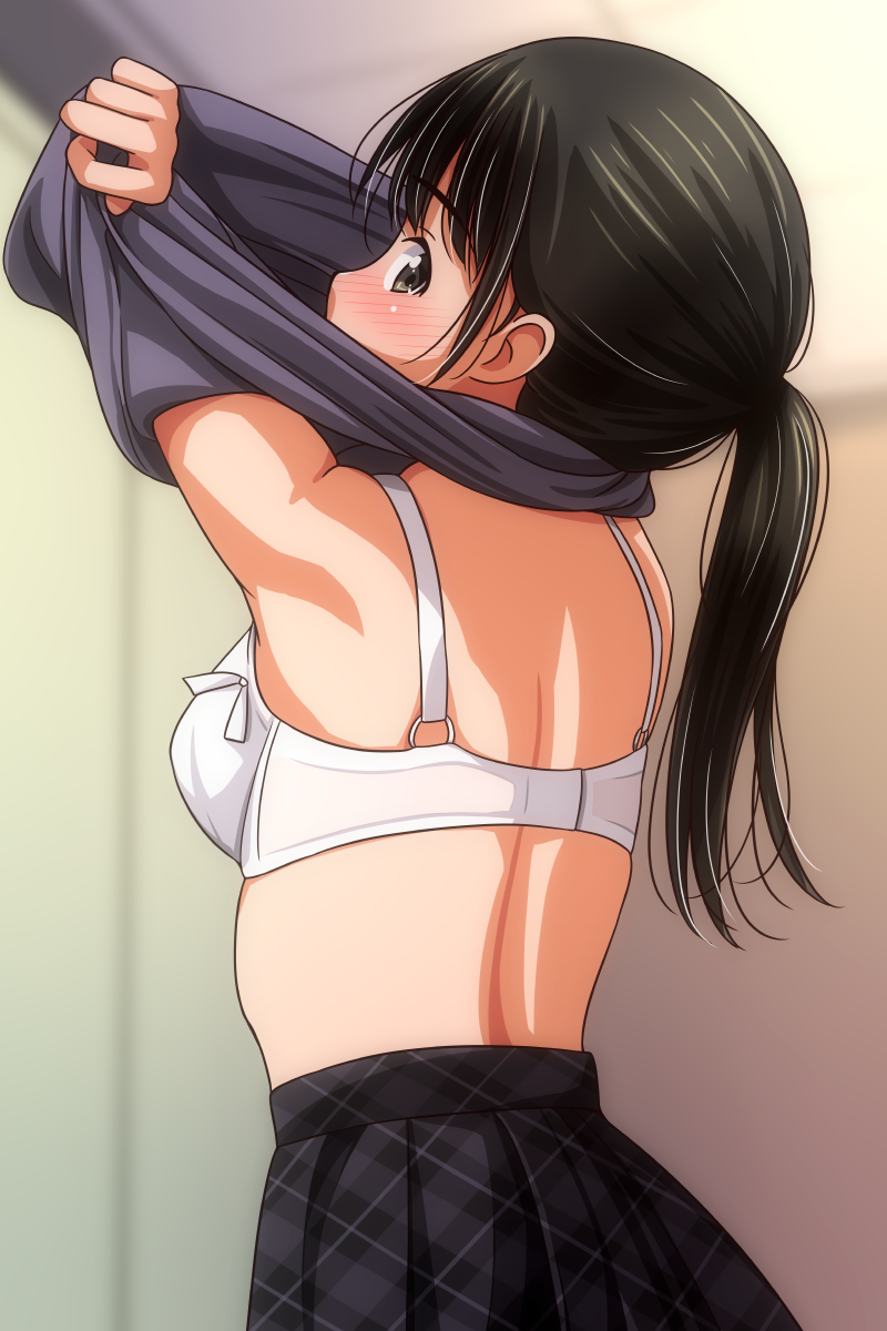 matsunaga kouyou, original, 1girl, black hair, black shirt, black skirt, blush, bow, bow bra, bra, breasts, brown eyes, changing room, curtains, dressing room, from behind, large breasts, long hair, looking at viewer, looking back, plaid clothes, plaid skirt, ponytail, removing shirt, shirt, skirt, standing, underwear, undressing, white bow, white bra