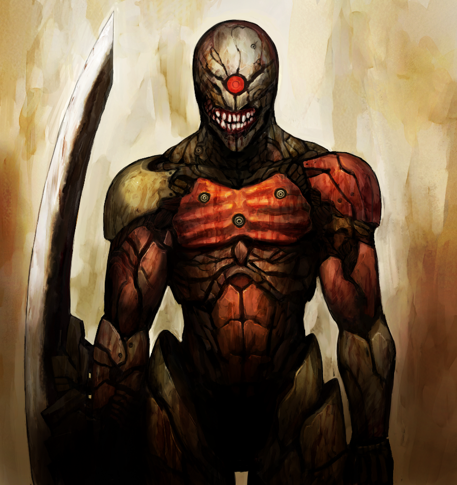 tarako (bradypus), tekkotsu (tekkotz), gray fox, konami, metal gear (series), metal gear solid, 1boy, creepy, cyborg, horror (theme), male focus, ninja, solo, sword, teeth, weapon