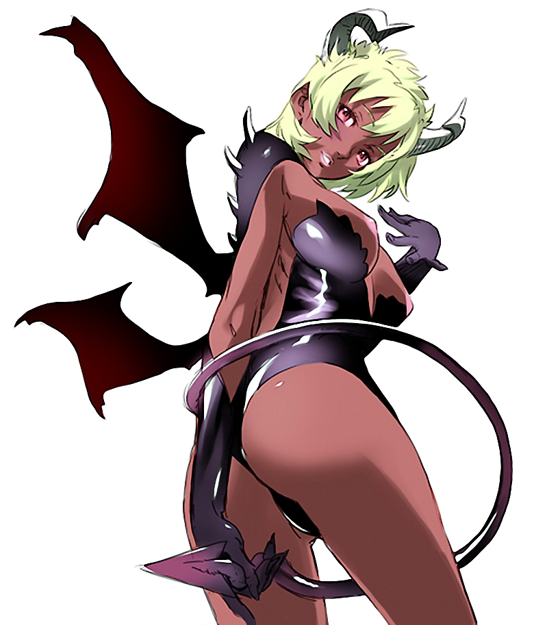 nishieda, 1girl, ass, blonde hair, breasts, dark-skinned female, dark skin, demon girl, female focus, gloves, green hair, horns, nipples, pink eyes, pointy ears, simple background, solo, tail, wings