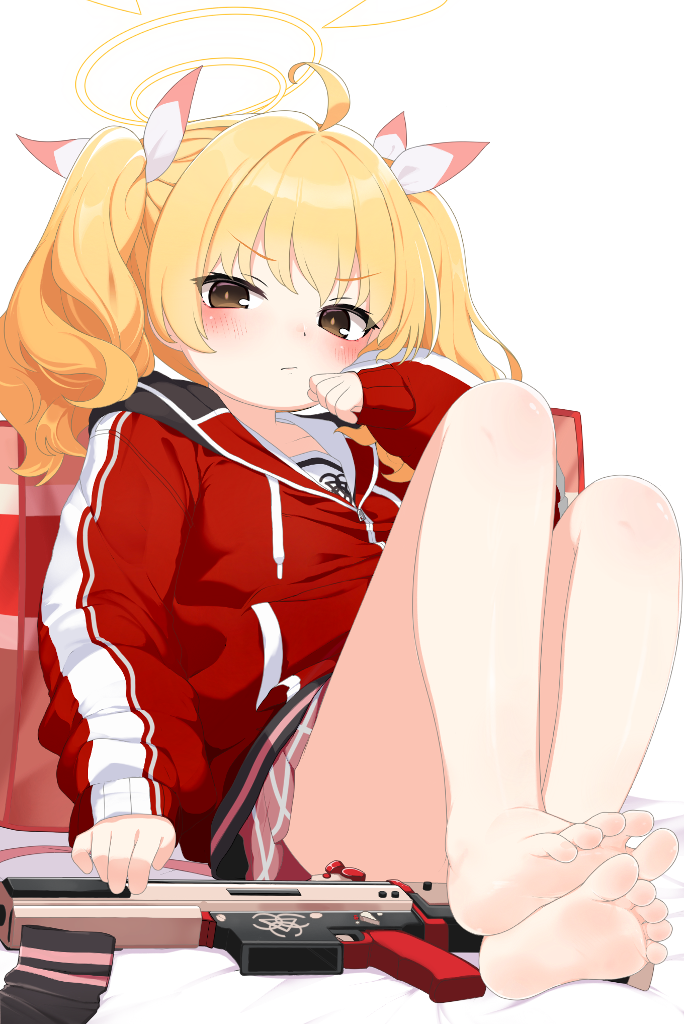 didac fantasy, yoshimi (blue archive), blue archive, chinese commentary, commentary request, highres, 1girl, bare legs, barefoot, blonde hair, blush, brown eyes, closed mouth, feet, gun, halo, jacket, knees up, long sleeves, looking at viewer, miniskirt, pink skirt, pleated skirt, red jacket, simple background, sitting, skirt, sleeves past wrists, soles, solo, toes, trinity general school logo, twintails, v-shaped eyebrows, weapon, white background, yellow halo