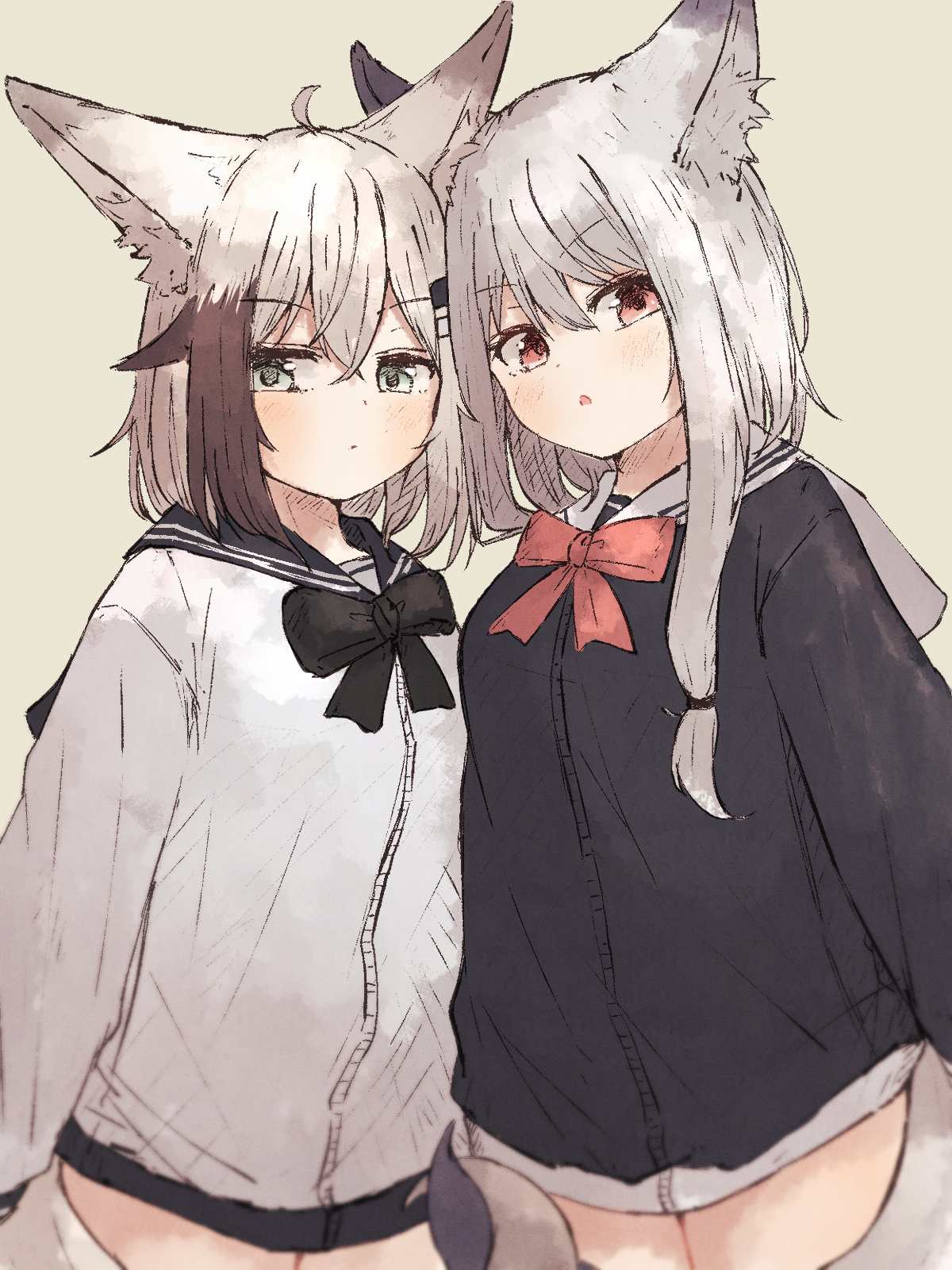 meguru 1225, original, commentary request, highres, 2girls, animal ear fluff, animal ears, black bow, black bowtie, black hair, black sailor collar, bow, bowtie, closed mouth, cowboy shot, fox ears, fox girl, fox tail, green eyes, grey background, intertwined tails, long hair, looking at viewer, multicolored hair, multiple girls, open mouth, red bow, red bowtie, red eyes, sailor collar, short hair, simple background, tail, two-tone hair, white sailor collar