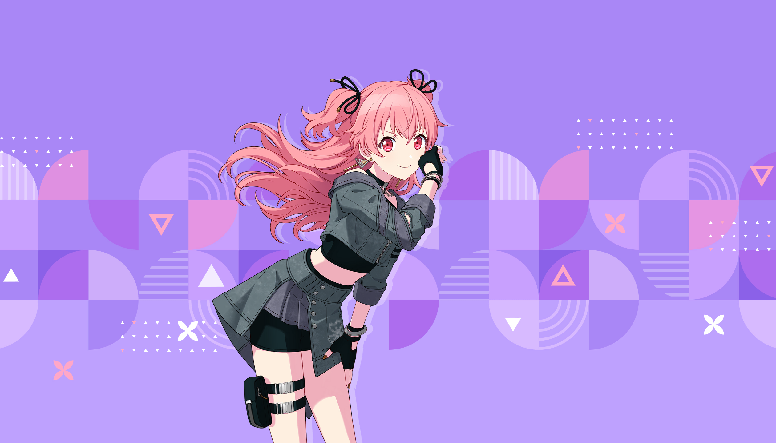 colorful palette, momoi airi, project sekai, game cg, highres, official art, third-party source, 1girl, alternate costume, black choker, black gloves, black ribbon, choker, closed mouth, cropped jacket, earrings, fingerless gloves, gloves, grey jacket, grey skirt, hair between eyes, hair ribbon, jacket, jewelry, pink eyes, pink hair, purple background, ribbon, rise and strive (project sekai), skirt, smile, solo, triangle