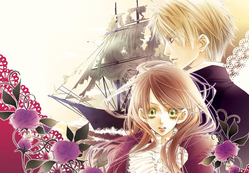 edgar ashenbert, lydia carlton, hakushaku to yousei, jpeg artifacts, 00s, 1boy, 1girl, flower, lace, purple theme, rose, ship, watercraft