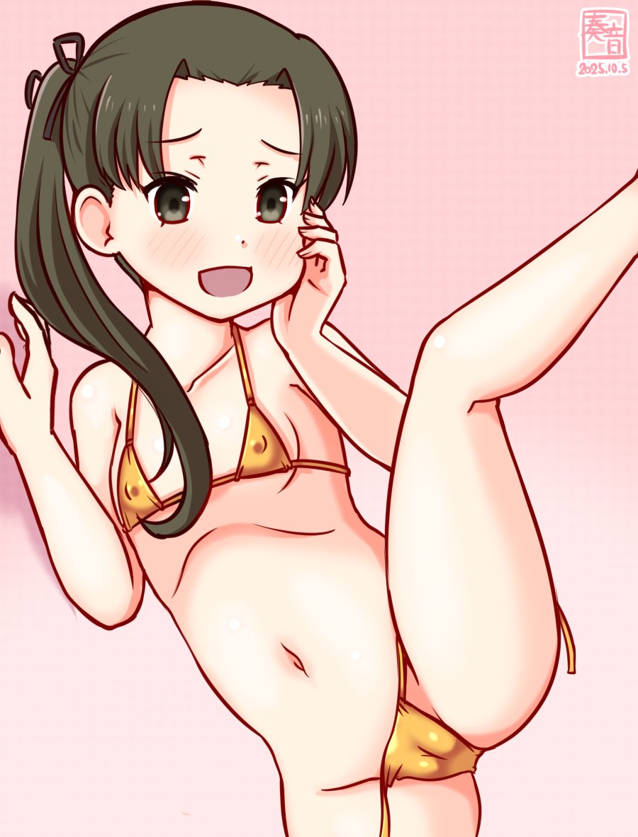 kanon (kurogane knights), ayanami (kancolle), kantai collection, 1girl, artist logo, bikini, brown eyes, brown hair, cameltoe, covered erect nipples, dated, gold bikini, gradient background, hand on own face, leg up, logo, micro bikini, navel, one-hour drawing challenge, pink background, side ponytail, solo, swimsuit, untied bikini bottom