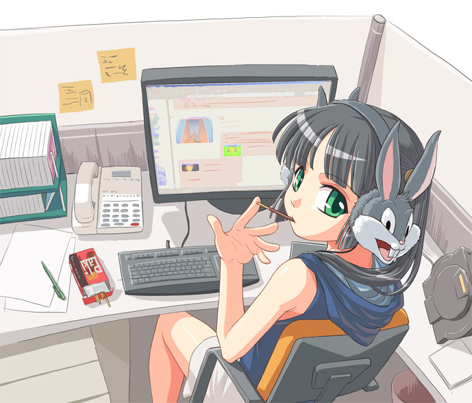 man (trance), bugs bunny, 4chan, futaba channel, looney tunes, 1girl, black hair, brand name imitation, bunny headphones, chair, computer, computer keyboard, corded phone, cubicle, desk, eating, female focus, food, green eyes, headphones, hood, hoodie, internet, komica, looking back, monitor, notepad, notes, office, panties, paper, pen, phone, pocky, sitting, skirt, solo, trash can, underwear, white panties