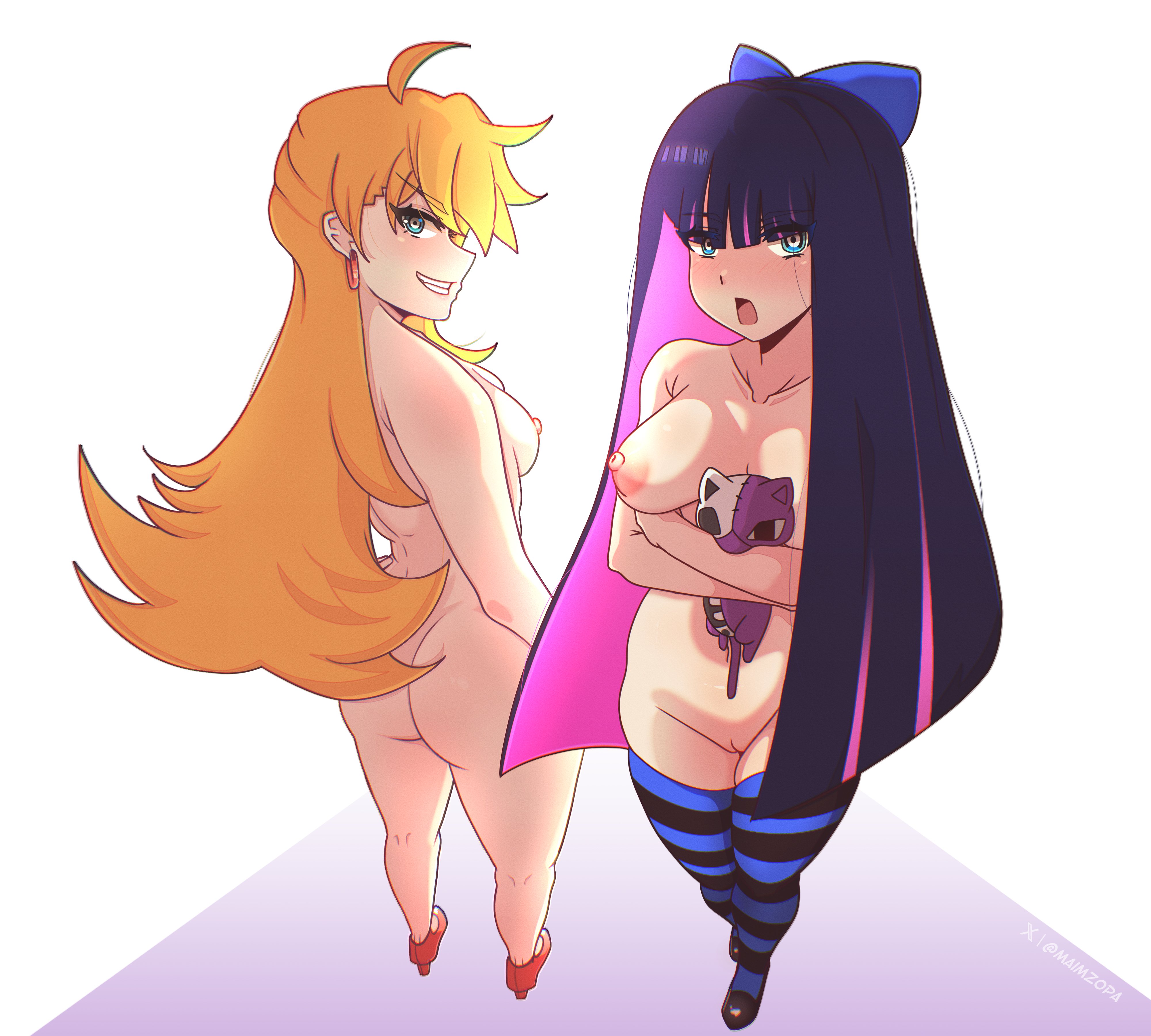 maimz opa, honekoneko (psg), panty (psg), stocking (psg), panty & stocking with garterbelt, absurdres, highres, 2girls, aqua eyes, blonde hair, blunt bangs, blush, breasts, earrings, embarrassed, green eyes, holding, holding stuffed toy, hoop earrings, jewelry, long hair, looking at viewer, multiple girls, nipples, pink hair, purple hair, pussy, siblings, sisters, smile, striped clothes, striped hair, striped thighhighs, stuffed toy, thighhighs, white background