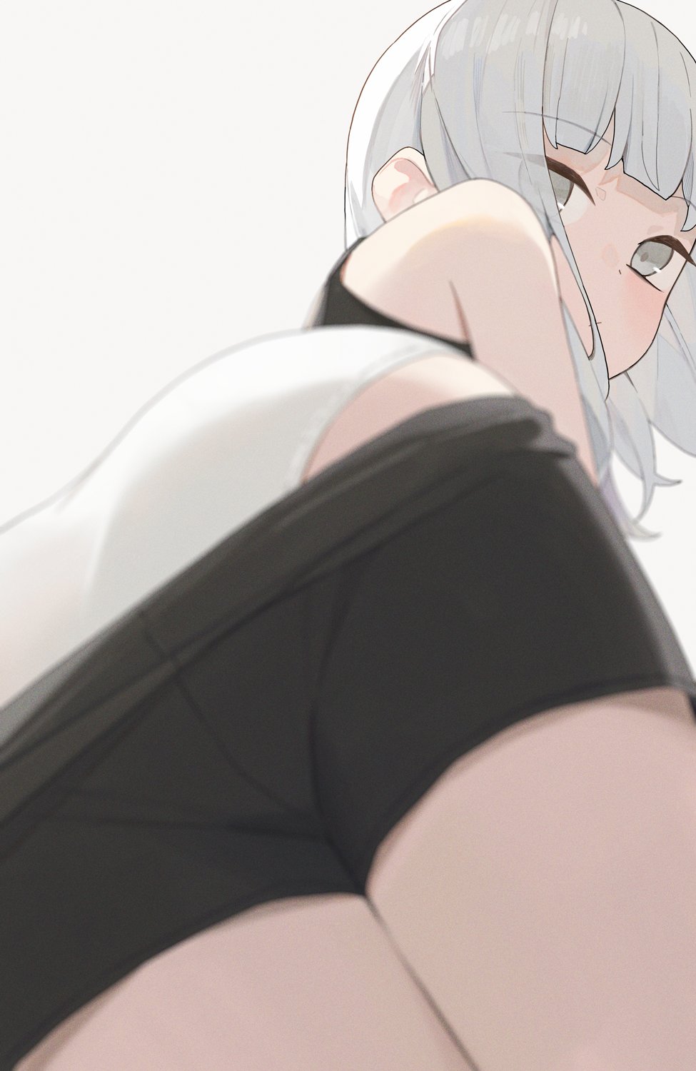 hiroki (yyqw7151), original, highres, 1girl, ass, black shorts, blurry, blurry foreground, closed mouth, clothes pull, grey background, grey eyes, grey hair, looking at viewer, looking back, panties, shorts, shorts pull, solo, thighs, underwear, white panties