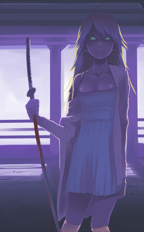 inu (aerodog), hoshii miki, idolmaster, idolmaster (classic), idolmaster 1, 00s, 1girl, ahoge, blonde hair, blood, breasts, cleavage, female focus, green eyes, katana, long hair, medium breasts, solo, sword, weapon